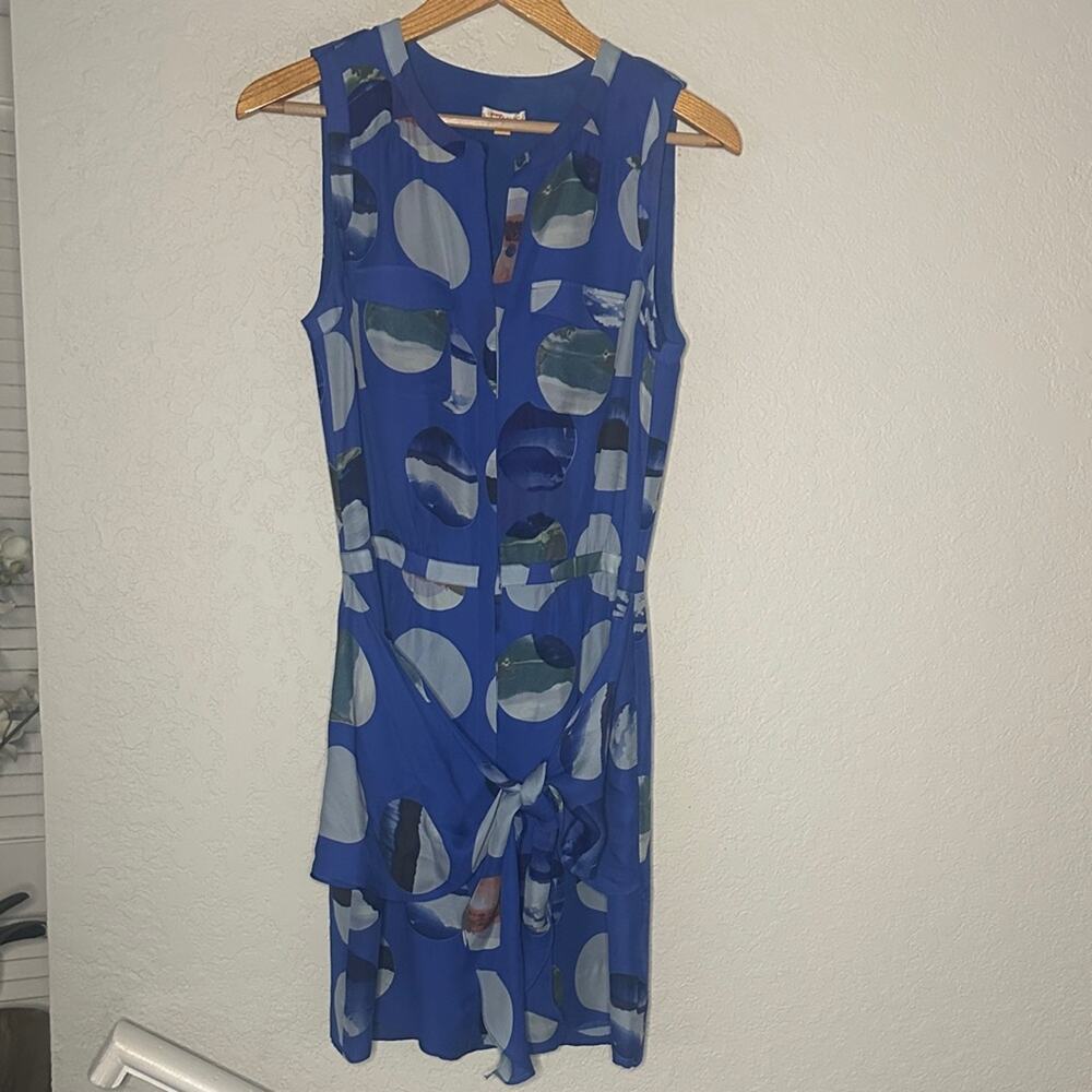 Anthropologie Leifsdottir Silk Dress Circle Skyline Blue Button Up Mini Wrap Tie